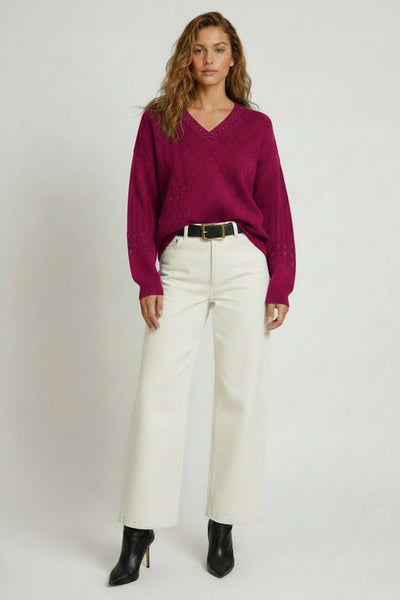Cable Patchwork V Neck - Magenta