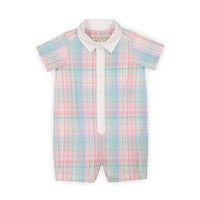 Poplin Button Front Romper - Rainbow Plaid
