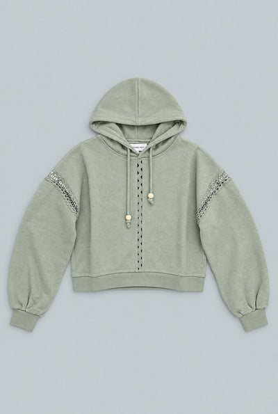Hoodie With Lace Details And Beads - Sage