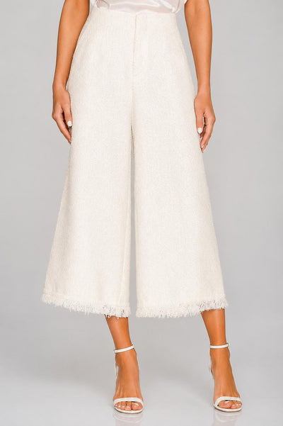 Tweed Frayed Hem Wide Leg Pants - Ivory