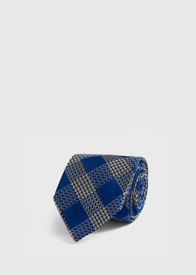 Woven Silk Houndstooth Plaid Tie - Blue