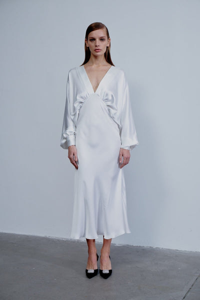 Mila V Neck Satin Dress - White