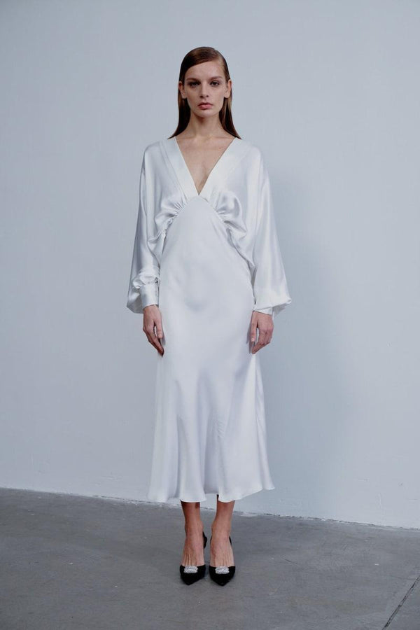 Mila V Neck Satin Dress - White
