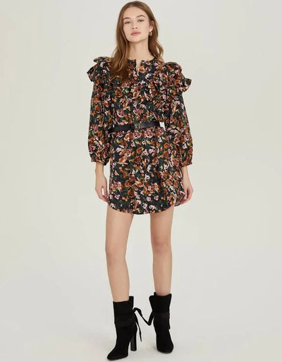 Floral Ruffle Button Up Dress - Black Combo