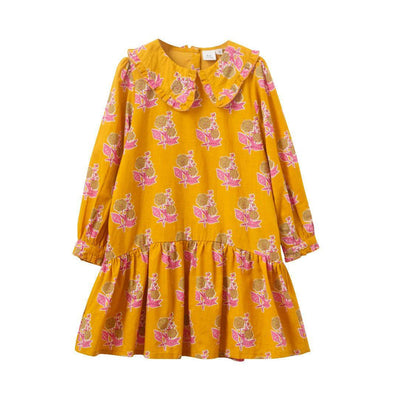 Girls' Wide Collar Long Sleeve Dress With Low Waist - Mustard And Pink