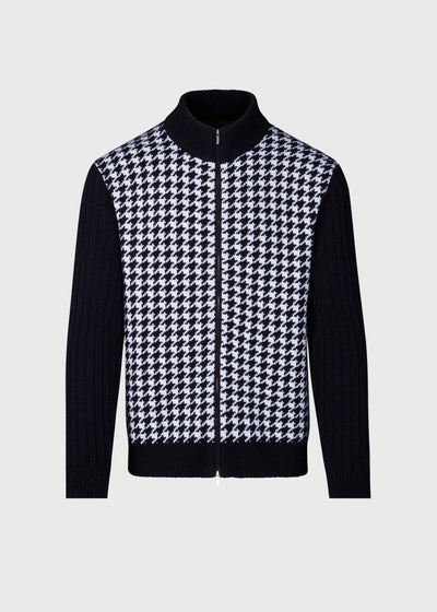 Cashmere Houndstooth Full Zip Sweater - Black/White - Sweater