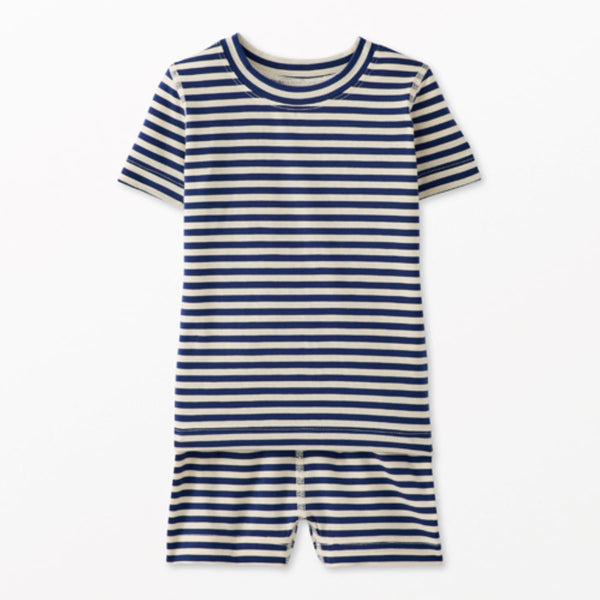 Kids Striped Short John Pajama Set In HannaSoft™ - Navy/Ecru