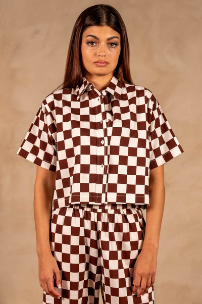 Hand Printed 'The Cami' Crop Shirt - Chocolate And White Chessboard
