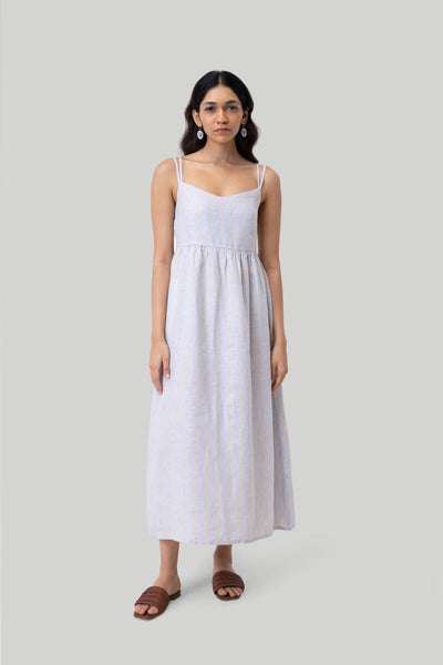 Strappy Gathered Midi Dress - Textured Stripes