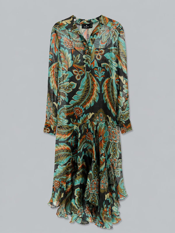 Silk Printed Maxi Shirtdress - Print On Black Base