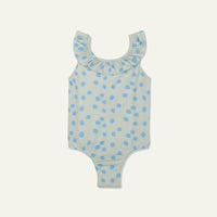 Recycled Polyester Sea Foam Dotted Ruffle Kid Swimsuit - Sea Foam/della Blue