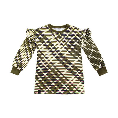 Girls Plaid Ruffle Terry Dress - Olive