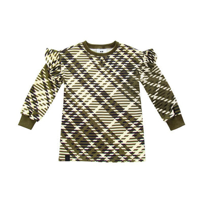 Girls Plaid Ruffle Terry Dress - Olive