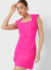 Shoulder Pad Square Neck Dress - Pink