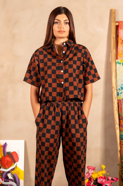 Hand Printed 'The Cami' Crop Shirt - Chocolate And Black Chessboard