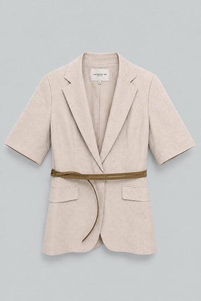 Silk-Linen Short Sleeve Belted Blazer - Pearl