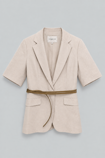 Silk-Linen Short Sleeve Belted Blazer - Pearl