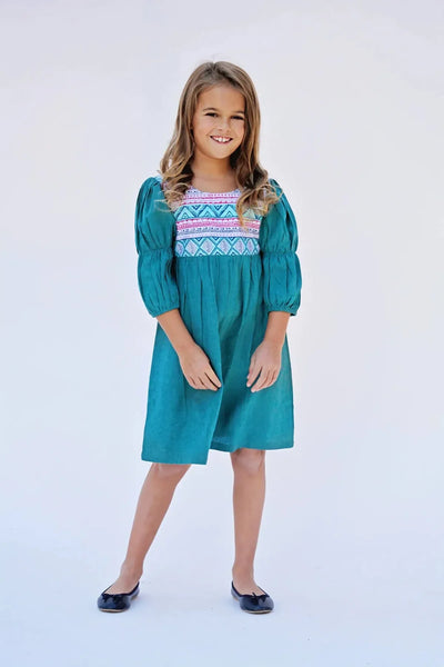 Cotton Woven Girls Dress - Teal & Pink