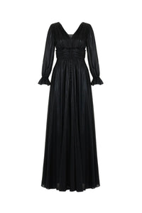 V-Neck Ruched Long Dress - Black