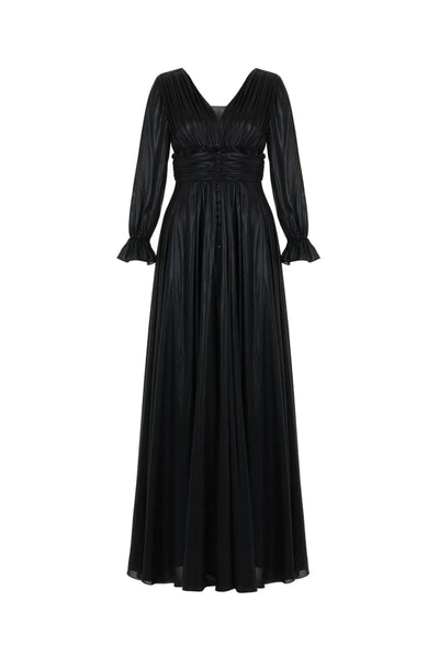V-Neck Ruched Long Dress - Black