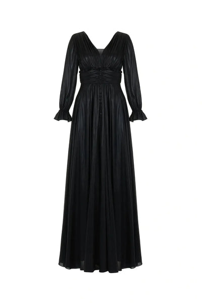 V-Neck Ruched Long Dress - Black