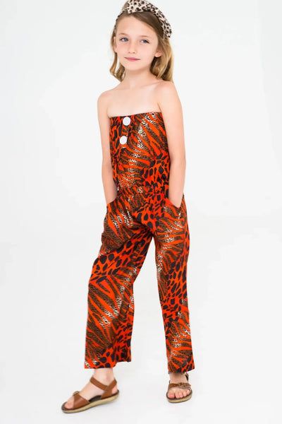 Cotton Woven Girls Jumpsuit - Red Mixed Safari