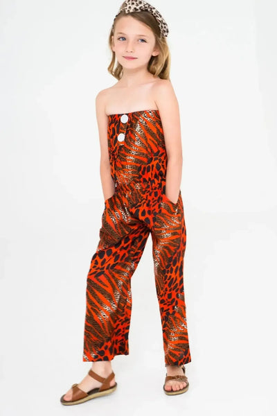 Cotton Woven Girls Jumpsuit - Red Mixed Safari