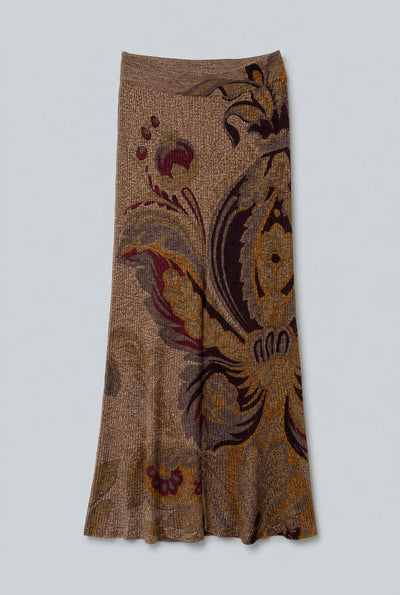 Ribbed Wool Midi Trumpet Knit Skirt - Brown Multi