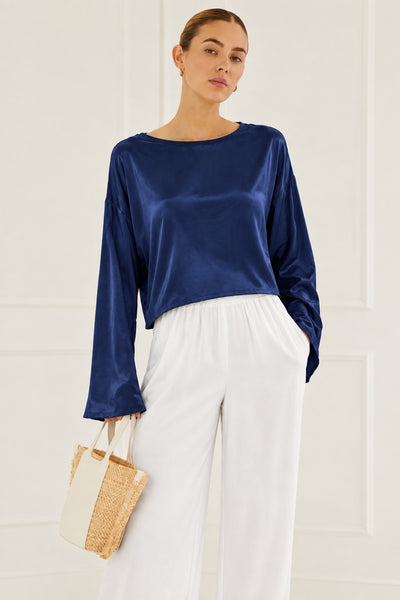 Silky Long Sleeve Cropped Top - Navy