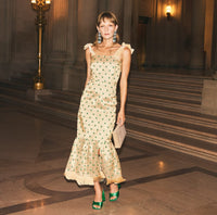 Desirae Embroidered Fringe Midi Dress - Gold with Mini geometric floral embroidery