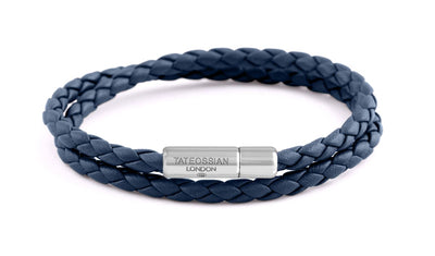 Double Wrap Slim Pop Bracelet In Navy Leather With Silver Clasp - Navy