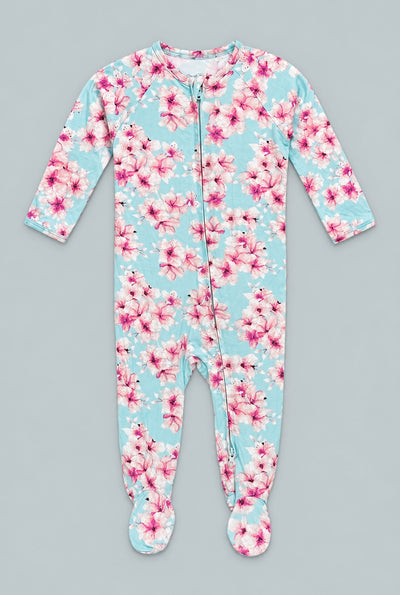 Pretty Pink Floral Zipper Footie - Cherry Blossoms