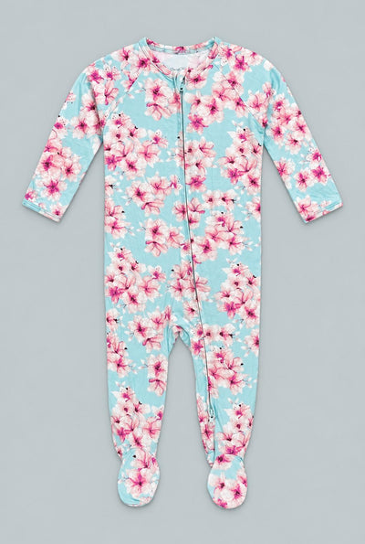 Pretty Pink Floral Zipper Footie - Cherry Blossoms