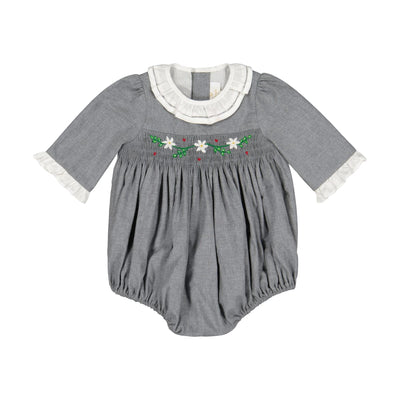 Heidi Long Sleeve Smocked Bubble Romper - Grey Winter - 12M - Romper