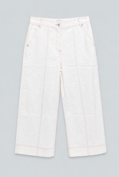 Contrast Stitch Cropped Wide Leg Denim - White