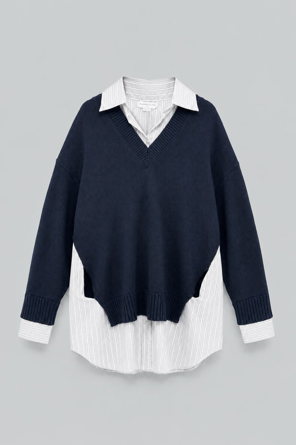 Crewneck Sweater Shirt Dress - Navy