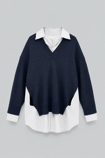 Crewneck Sweater Shirt Dress - Navy