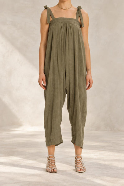 Tie Shoulder Wide Leg Jumpsuit - Army