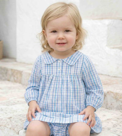 Cotton Woven Baby Dress & Bloomers Set - Blue Checkered