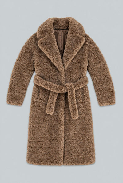 Faux Fur Belted Coat - Brown