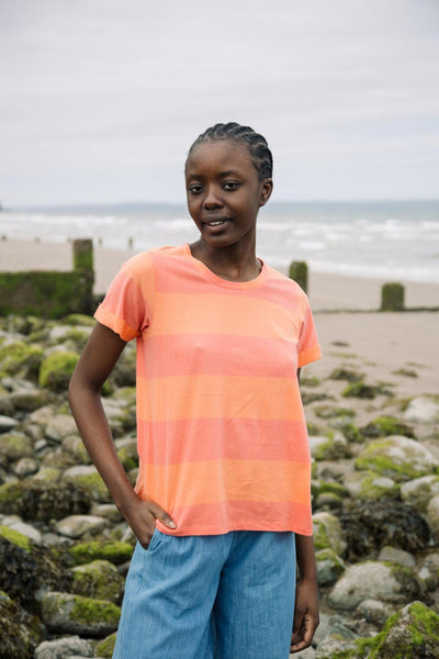 Nori-Sue Organic Cotton Top - Coral and Apricot - Shirt