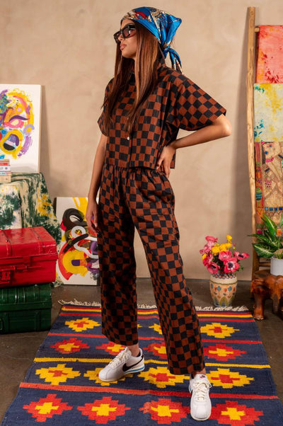 Hand Printed 'Seema' Pants - Chocolate And Black Chessboard