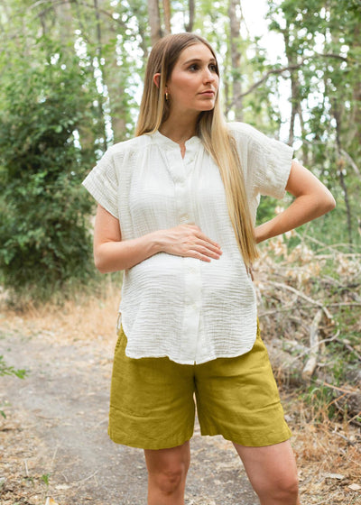 Adult Smocked Linen Transitional Shorts - Golden Olive - Shorts