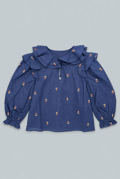 Embroidered Ruffle Top - Navy