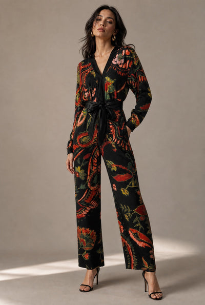 Printed V-Neck Jumpsuit - Black Combo