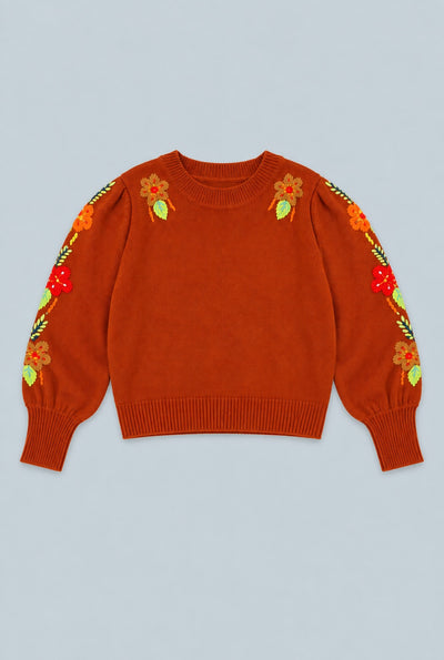 Embroidered Crew Neck Sweater - Burnt Orange