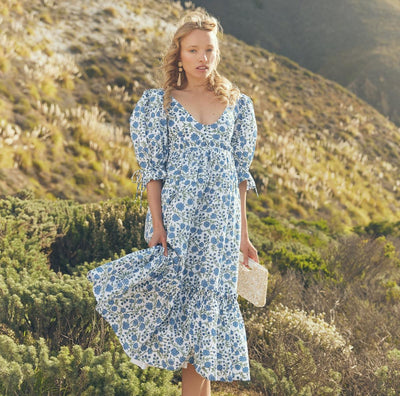 Hayley Puff Sleeve Midi Dress - Cream/Azure Floral