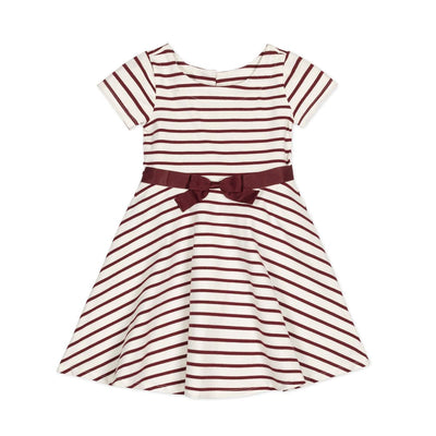 Organic Short Sleeve Skater Dress - White and Oxblood Stripe