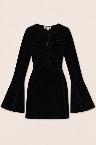 Lurex Cinched Mini Dress With Bell Sleeves - Black