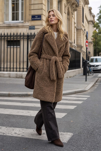 Faux Fur Belted Coat - Brown